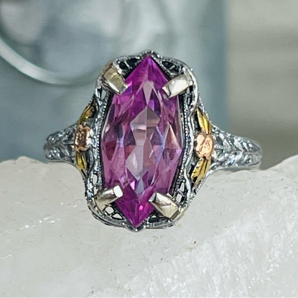 Vintage/Antique Art Deco Arnold & Steere Pink Sapphire 10K White Gold Ring 7